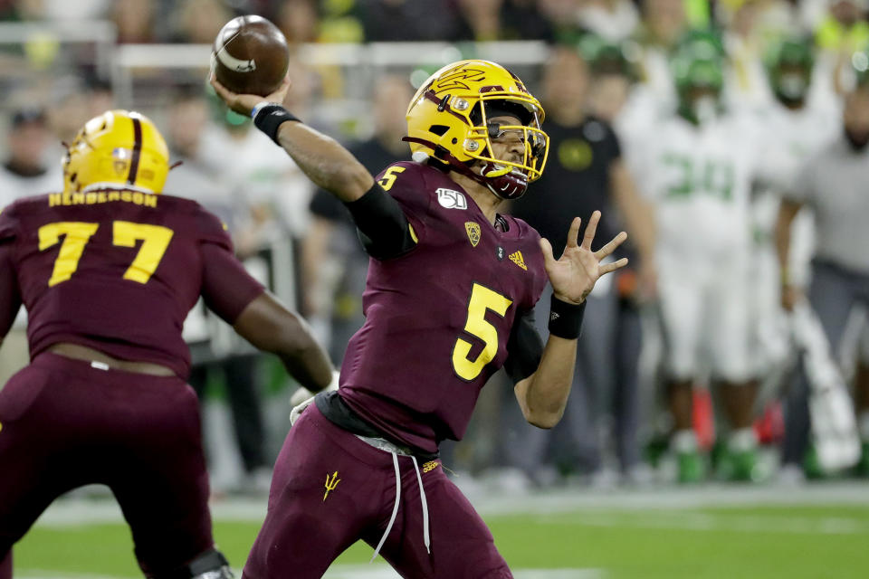 Arizona State quarterback Jayden Daniels (5) throws a pass against Oregon during the first half of an NCAA college football game Saturday, Nov. 23, 2019, in Tempe, Ariz. (AP Photo/Matt York)