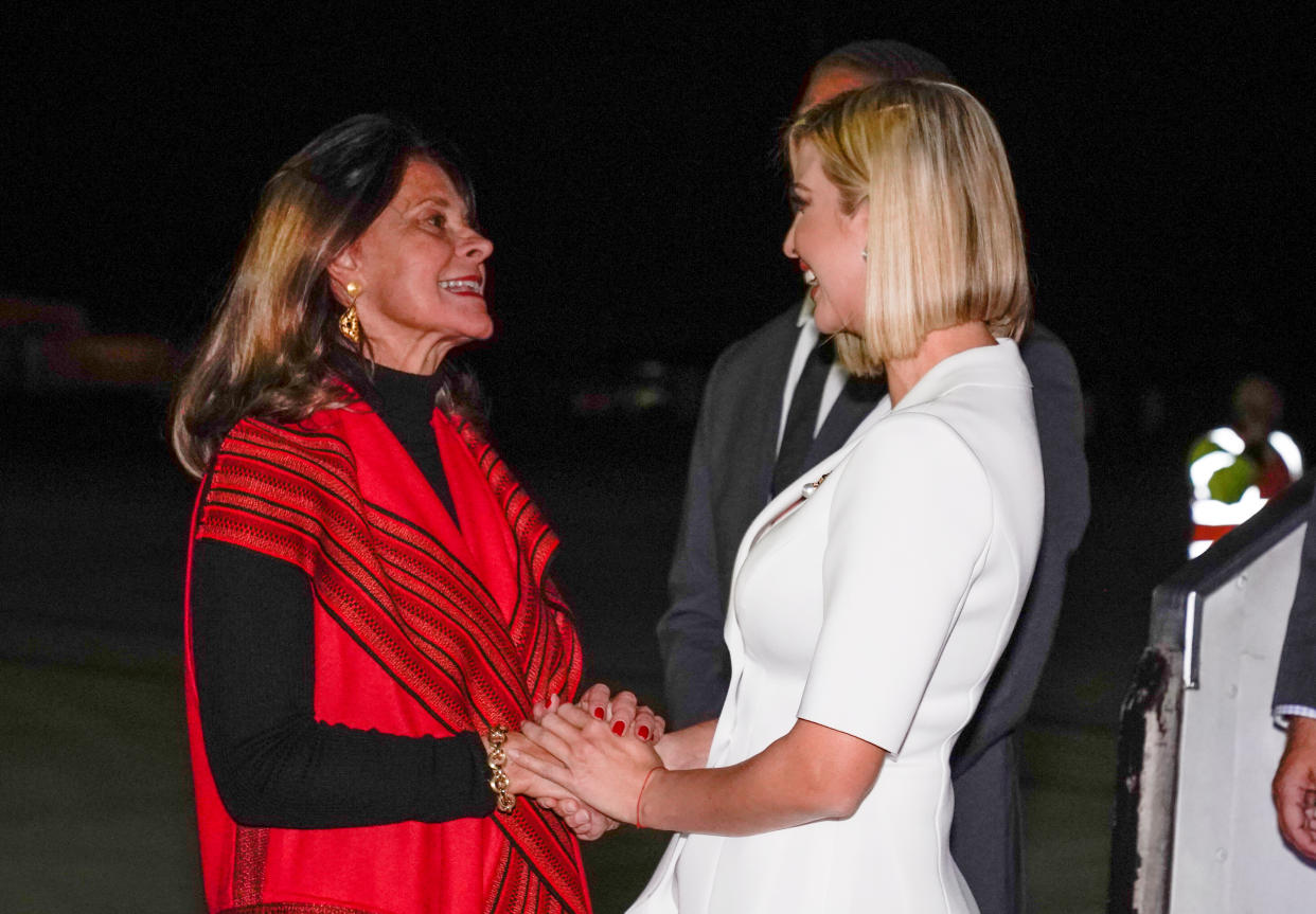 White House senior adviser Ivanka Trump is met by Colombian Vice President Vice President Marta Ramirez upon her arrival in Bogota, Colombia to begin her visit to South America to urge nations to remove barriers to economic empowerment for women September 2, 2019.  REUTERS/Kevin Lamarque