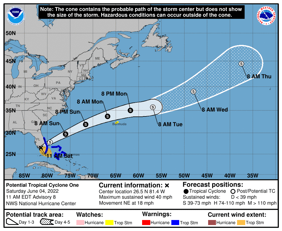 The storm's projected path as of the National Hurricane Center's 11 a.m. update.