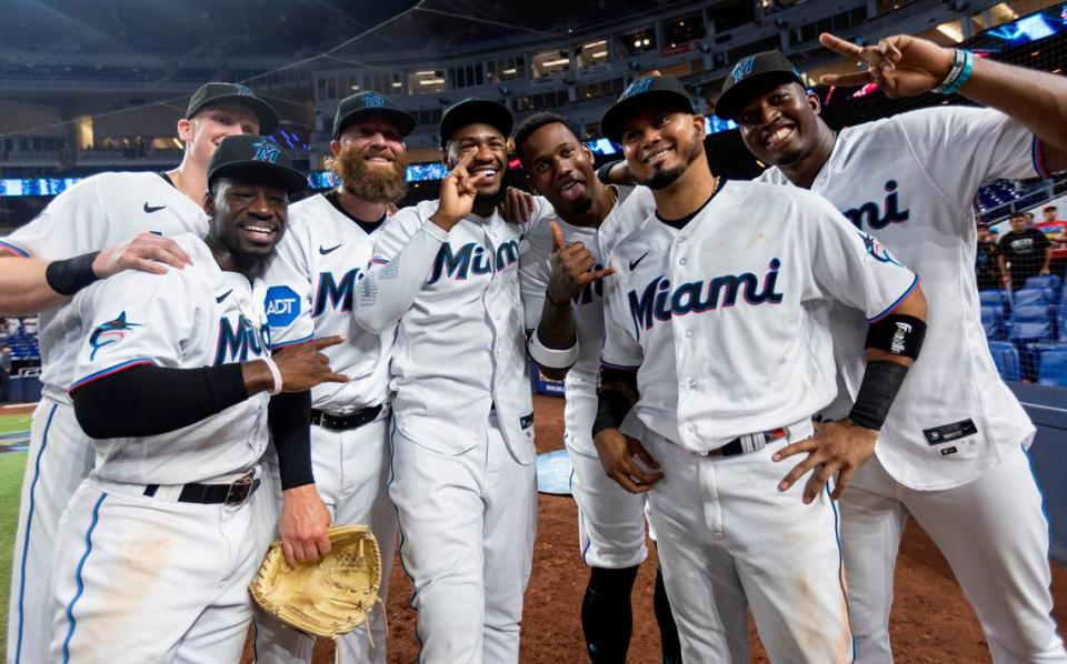 Miami Marlins second baseman Luis Arraez (3) celebrates with his teammates after having a 5-hit game against the Toronto Blue Jays in their MLB game at loanDepot park on Monday, June 19, 2023, in Miami, Fla. The Marlins defeated the Blue Jays 11 to 0.