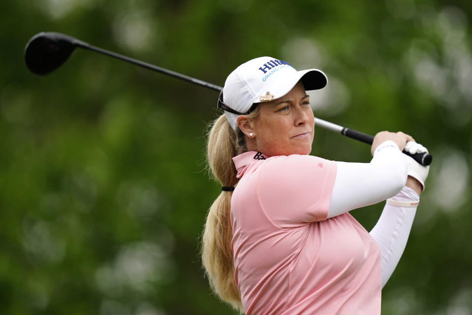 Brittany Lincicome hits off the ninth tee during the final round of the ShopRite LPGA Classic golf tournament, Sunday, June 12, 2022, in Galloway, N.J. (AP Photo/Matt Rourke)