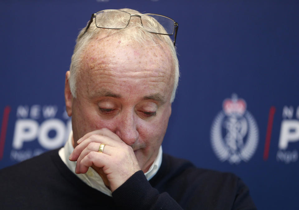 David Millane, father of missing English backpacker Grace Millane speaks at a press conference in Auckland, New Zealand, Friday, Dec. 7, 2018. The father of a 22-year-old British tourist who has been missing in New Zealand for six days made a tearful plea for help in the case, but police say they now hold "grave fears" for her safety. (Doug Sherring/NZ Herald via AP)