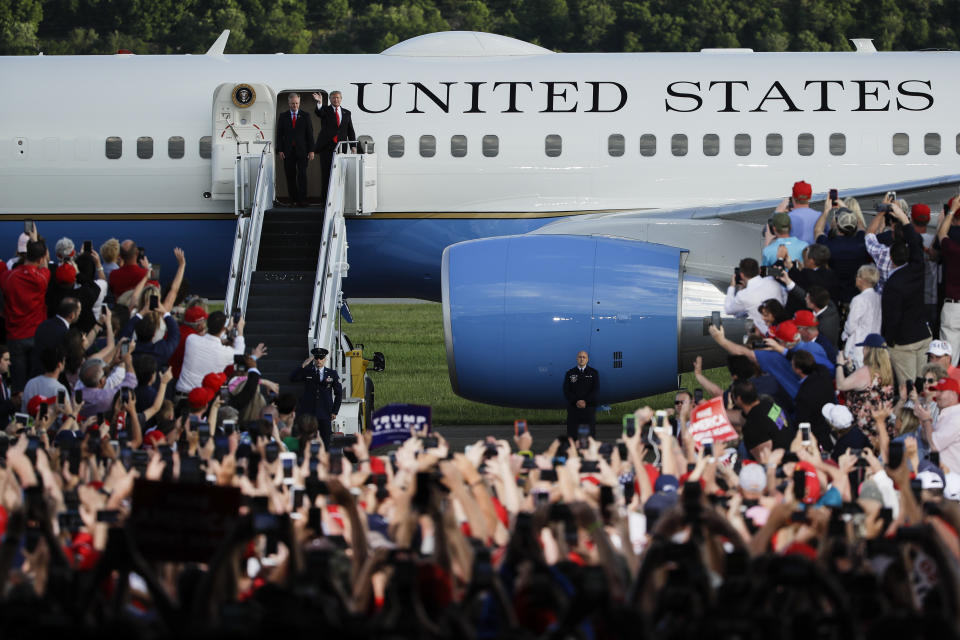 President Donald Trump accompanied by Rep. Fred Keller, R-Snyder, arrives at a campaign rally in Montoursville, Pa., Monday, May 20, 2019. (AP Photo/Matt Rourke)