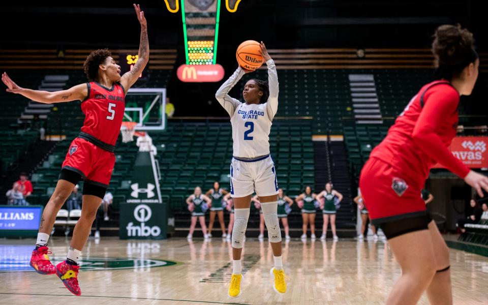 Colorado State senior guard Destiny Thurman (2) shoots a 3-pointer against New Mexico at Moby Arena on Saturday Jan. 7, 2023.