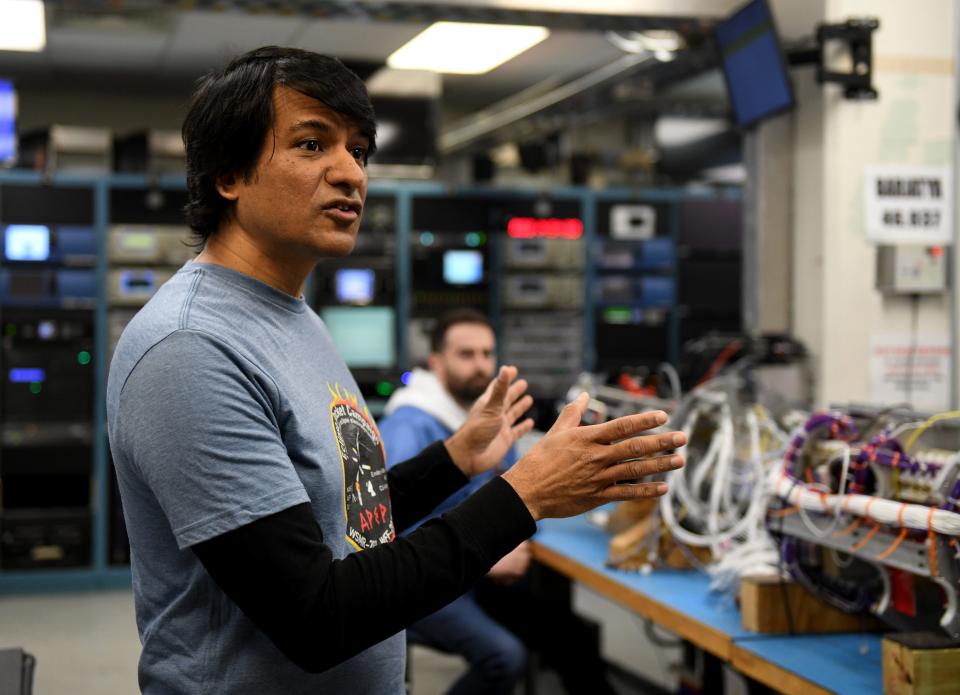 Aroh Barjatya, Director of Space and Atmospheric Instrumentation Lab, Professor of Engineering Physics, explains how the rockets internal systems works Tuesday, April 2, 2024, at the Wallops Flight Facility in Virginia.