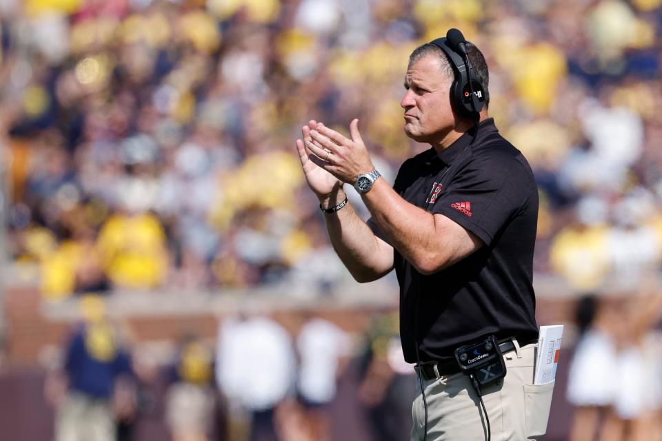 Sep 23, 2023; Ann Arbor, Michigan, USA; Rutgers Scarlet Knights head coach Greg Schiano on the sideline in the first half against the Michigan Wolverines at Michigan Stadium. Mandatory Credit: Rick Osentoski-USA TODAY Sports