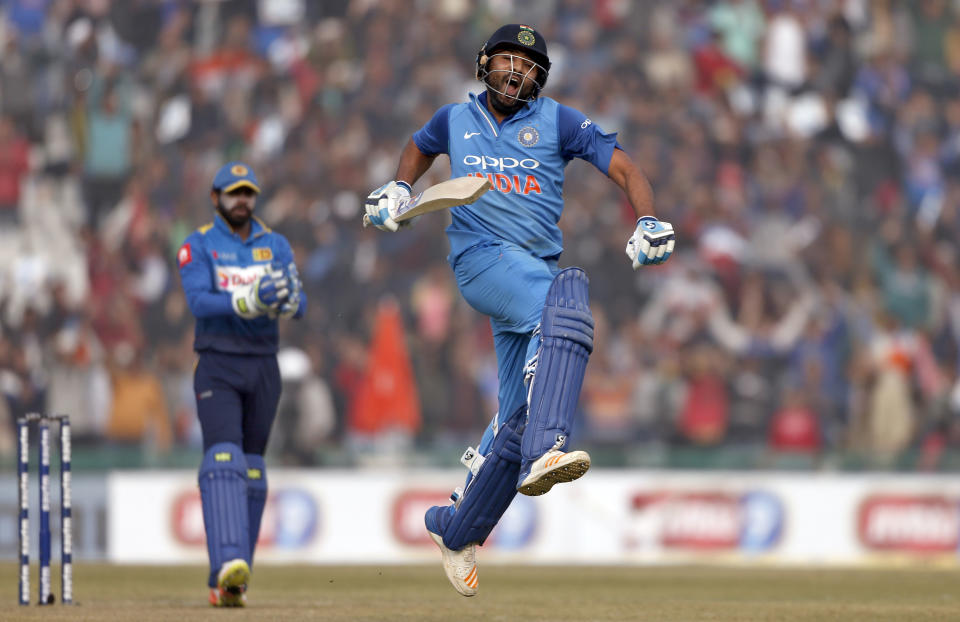 Rohit Sharma celebrates after smashing 3rd ODI double ton