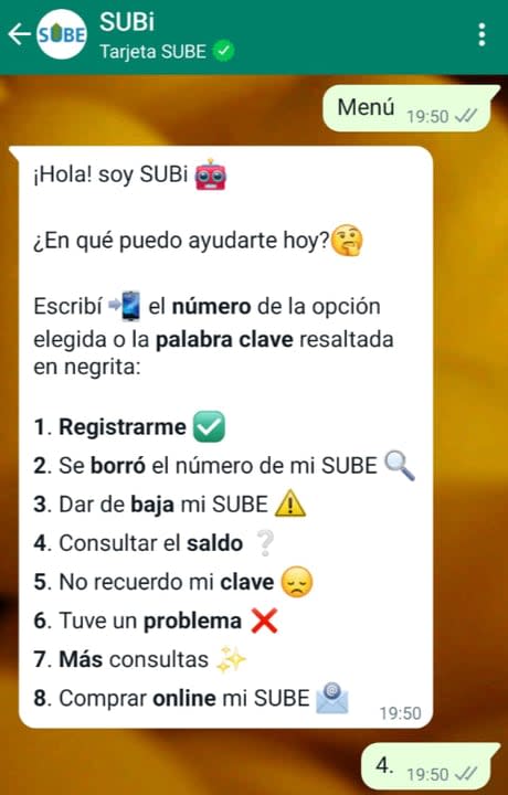 El sistema SUBI permite registrar la tarjeta SUBE, entre otras acciones, a través de Whatsapp