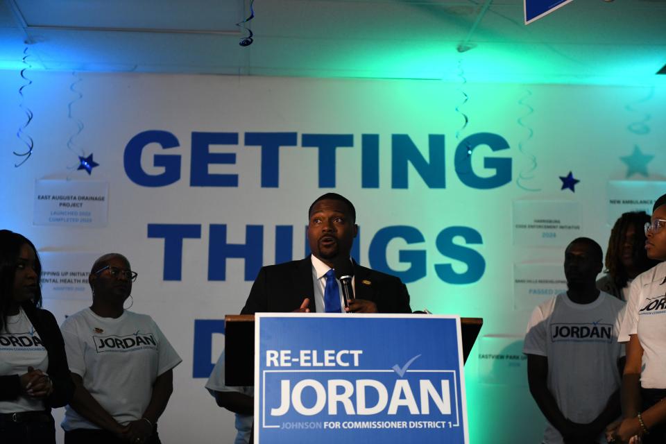 District One Augusta Commissioner Jordan Johnson speaks at his watch party inside his campaign office on Laney Walker Boulevard on Tuesday, May 21, 2024.