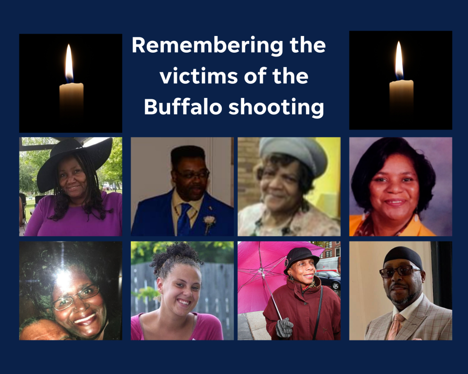 A photo gallery of eight of the 10 victims of the May 14, 2022, mass shooting at Buffalo supermarket. Pictured, top row from left, are Geraldine Chapman Talley, Aaron Salter Jr., Pearl Young, Celestine Chaney; bottom row, from left, are Ruth Whitfield, Roberta Drury, Katherine “Kat” Massey and Heyward Patterson.  Not pictured are Andre Mackniel and Margus D. Morrison.