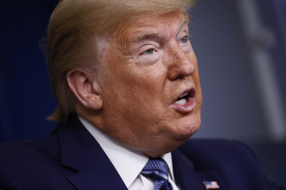 President Donald Trump speaks during a coronavirus task force briefing at the White House, Sunday, April 5, 2020, in Washington. (AP Photo/Patrick Semansky)