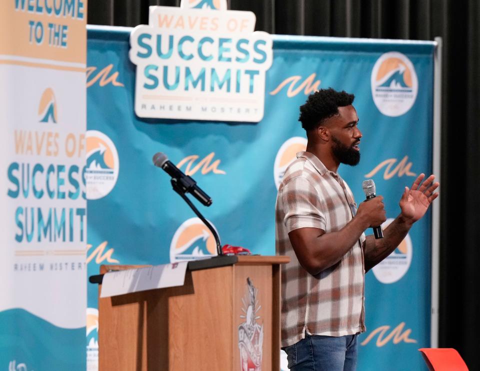 Raheem Mostert speaks during the Waves of Success Summit at New Smyrna High School, Friday, May 19, 2023.