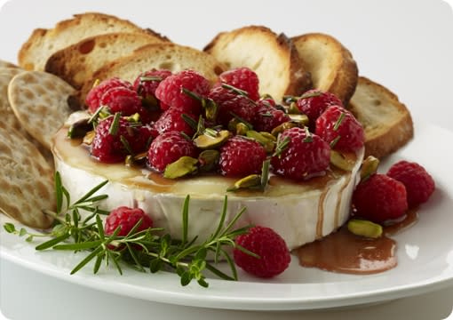 Holiday Warm Brie with Honeyed Raspberries and Pistachios