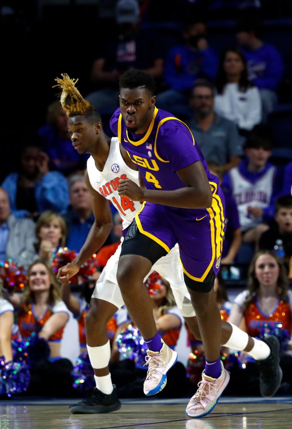 LSU's Darius Days (4) hustles back up the floor after making a back against Florida earlier this month in Gainesville.