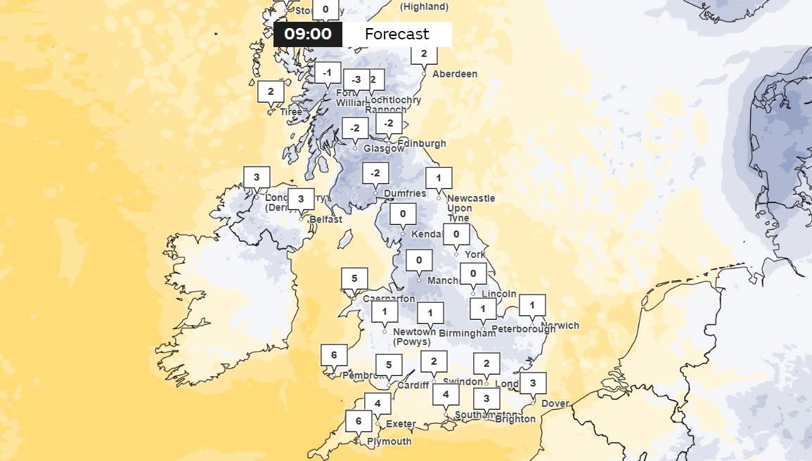Temperatures across the UK on Wednesday at 9am (Met Office)