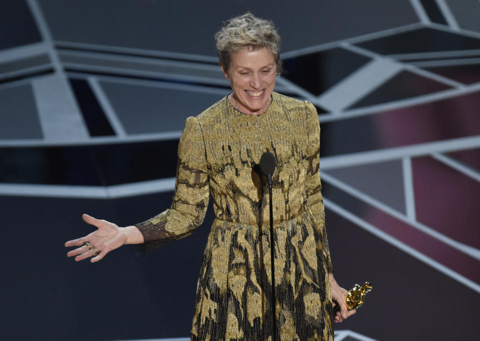 Frances McDormand accepts the award for best performance by an actress in a leading role for “Three Billboards Outside Ebbing, Missouri” at the Oscars on Sunday, March 4, 2018, at the Dolby Theatre in Los Angeles. (Photo by Chris Pizzello/Invision/AP)