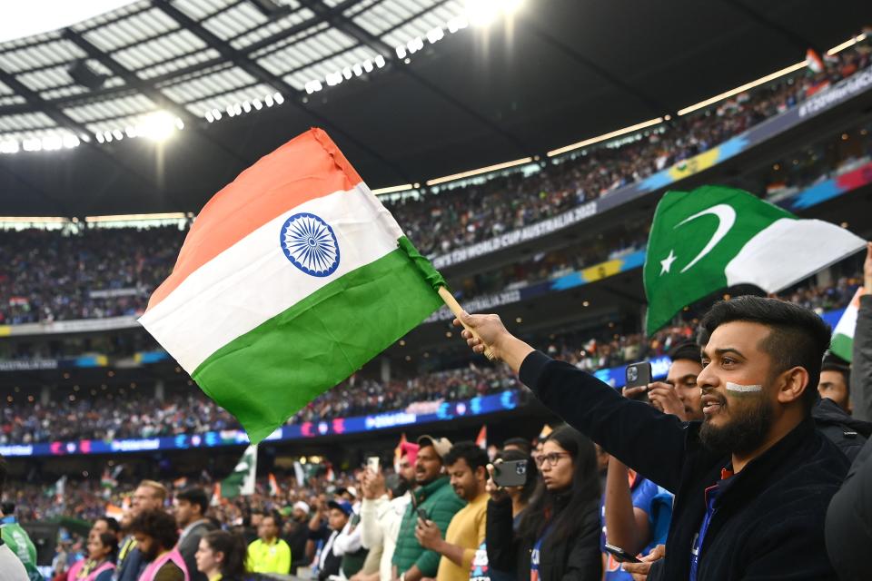 Fans show their support during the ICC Men's T20 World Cup match between India and Pakistan at Melbourne Cricket Ground on October 23, 2022 in Melbourne, Australia.