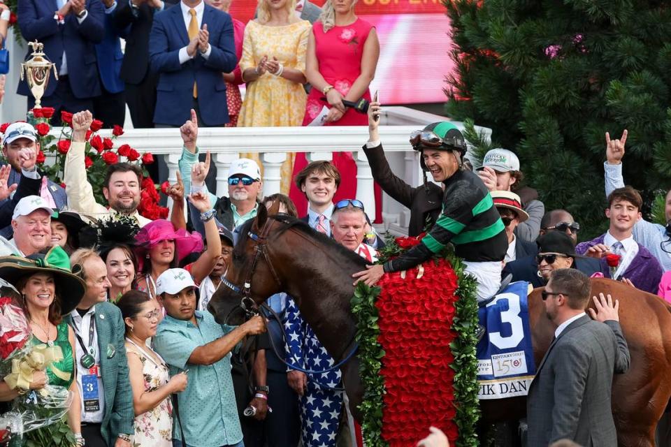 Jockey Brian Hernandez Jr. celebrates aboard Mystik Dan after their win in the 150th running of the Kentucky Derby at Churchill Downs.