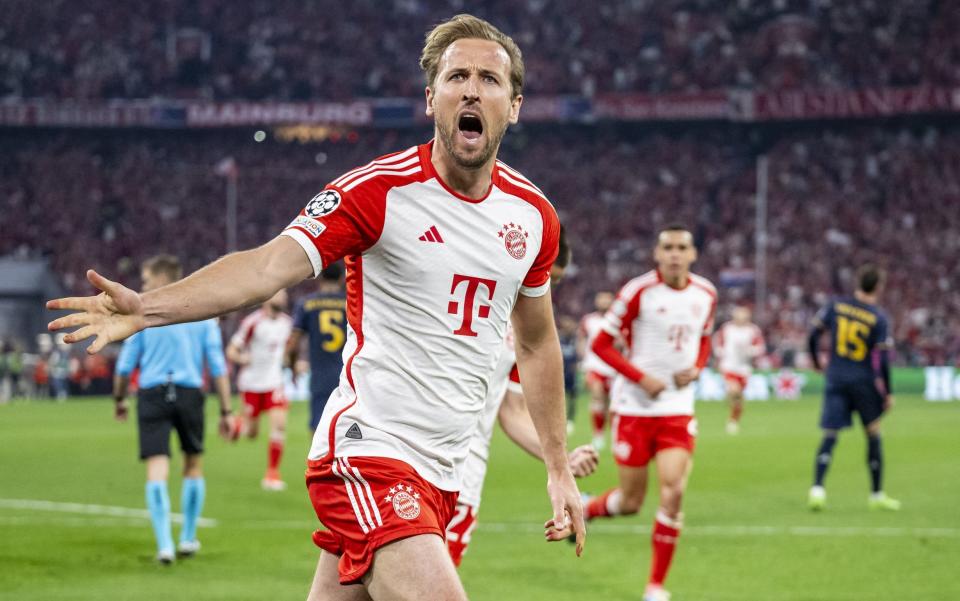 Harry Kane of FC Bayern Muenchen celebrates after scoring his team's second goal during the UEFA Champions League semi-final first leg match between FC Bayern MÃ¼nchen and Real Madrid at Allianz Arena on April 30, 2024 in Munich, Germany