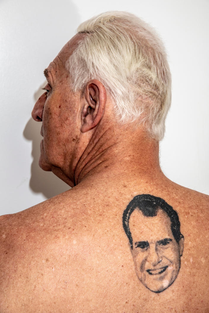 Stone shows off his Richard Nixon tattoo at his apartment i&#x00200b;n New York in June 2018. | Mark Peterson&#x002014;Redux Pictures