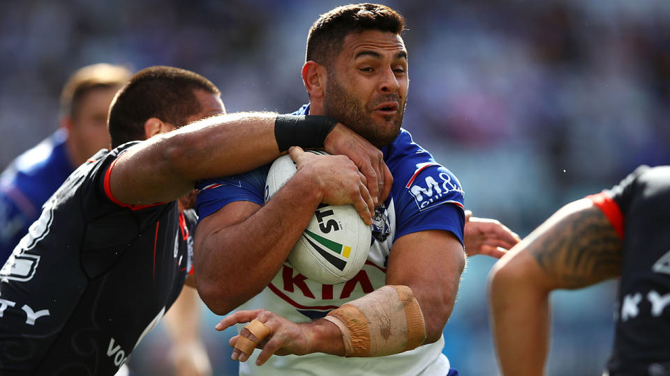 Rhyse Martin of the Bulldogs is tackled during the round 23 NRL match between the Canterbury Bulldogs and the New Zealand Warriors. (Photo by Mark Kolbe/Getty Images)