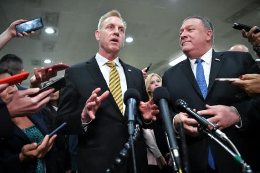 Acting US Defense Secretary Patrick Shanahan (left) and Secretary of State Mike Pompeo give a statement after a closed-door briefing on Iran to lawmakers