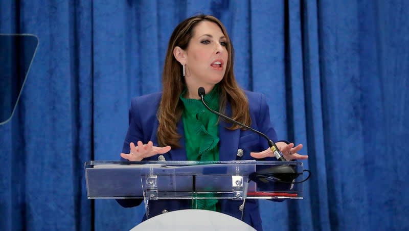 Ronna McDaniel, the outgoing Republican National Committee chairwoman, gives her last speech in the position at the general session of the RNC Spring Meeting March 8, 2024, in Houston.