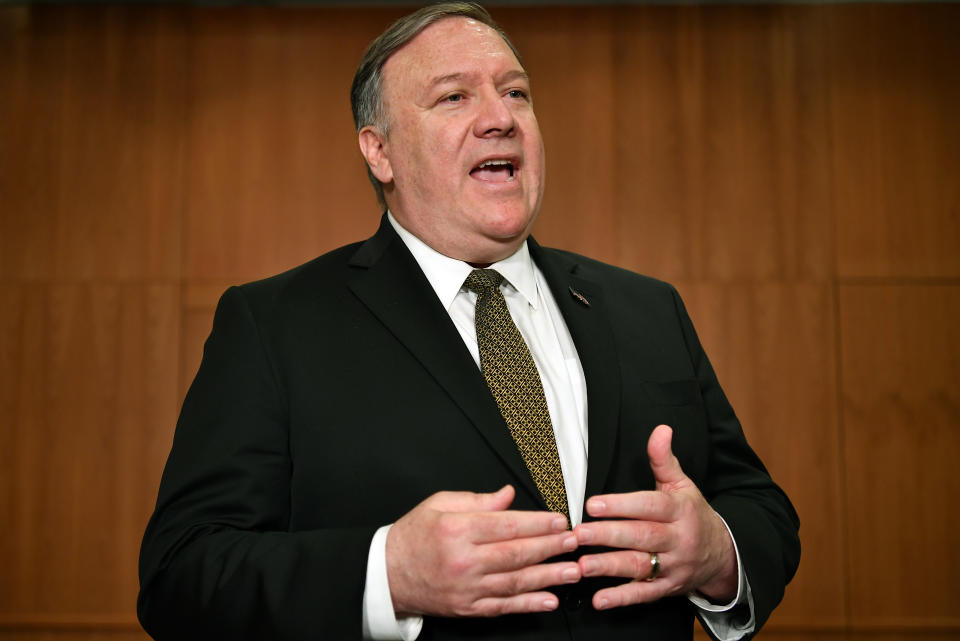 Secretary of State Mike Pompeo talks to the media on the sidelines of the Arctic Council ministers' working dinner at the Arktikum museum in Rovaniemi, Finland, Monday, May 6, 2019. The U.S. is dispatching an aircraft carrier and other military resources to the Middle East following what it says are indications that Iran and its proxy forces are preparing to possibly attack U.S. forces in the region. (Mandel Ngan/Pool Photo via AP)