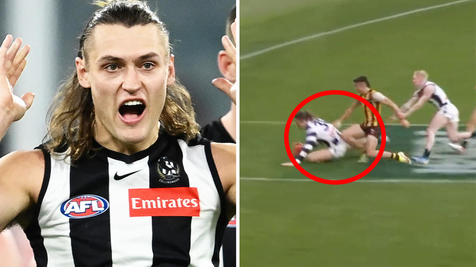 AFL fans and commentators were stunned after Collingwood's Darcy Moore was penalised by the umpire on this play against Hawthorn last weekend. Picturs: Getty Images/Fox Footy