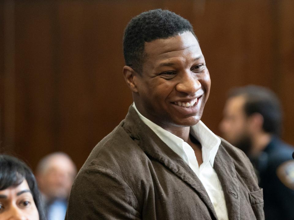 Jonathan Majors appearing in Manhattan Criminal Court on domestic violence charges alleging he injured then-girlfriend Grace Jabbari on a Chinatown street corner in March.