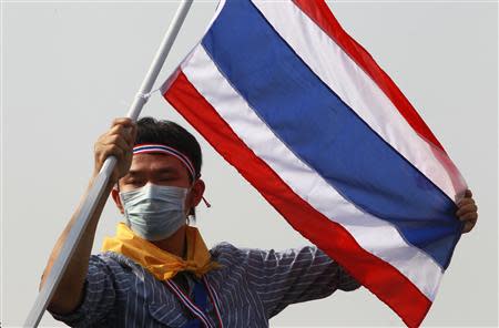 An anti-government protester holds a Thai national flag during a rally on a main road leading towards the Government House in Bangkok December 9, 2013. REUTERS/Chaiwat Subprasom