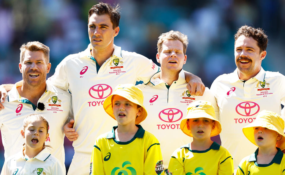 David Warner, Pat Cummins, Steve Smith and Travis Head, pictured here on the cricket field.