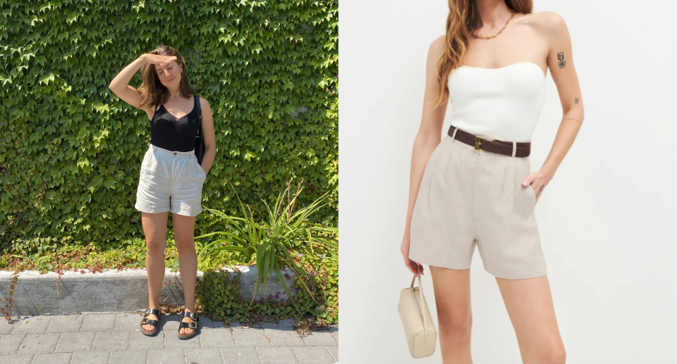 split screen of brunette woman wearing black tank top, reformation linen mason shorts in oatmeal, black birkenstocks