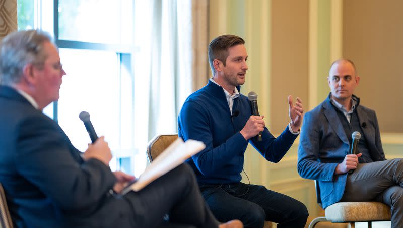 Doug Wilks, executive editor of Deseret News, left, moderates a discussion on geopolitical risk with Eric Levesque, co-founder and COO of Strider Technologies, and Miles Hansen, president and board director of The Stirling Foundation, during Utah Business Forward at The Grand America Hotel in Salt Lake City on Thursday, Nov. 16, 2023.