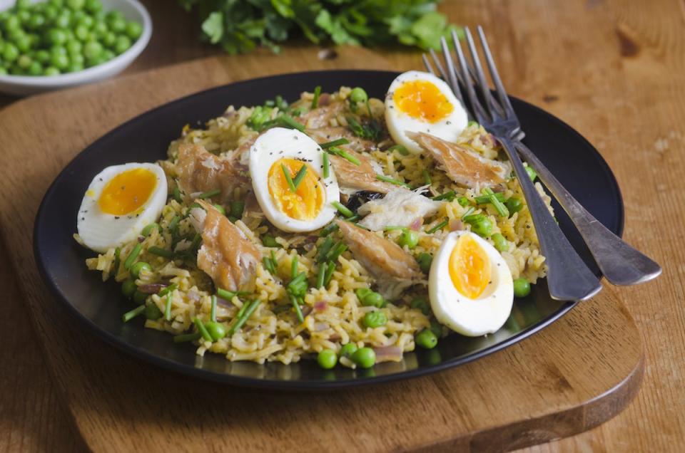 kedgeree rice dish with boiled eggs