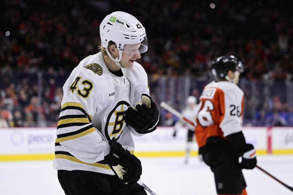 Boston Bruins' Danton Heinen reacts after scoring a goal during the first period of an NHL hockey game against the Philadelphia Flyers, Saturday, Jan. 27, 2024, in Philadelphia. (AP Photo/Derik Hamilton)