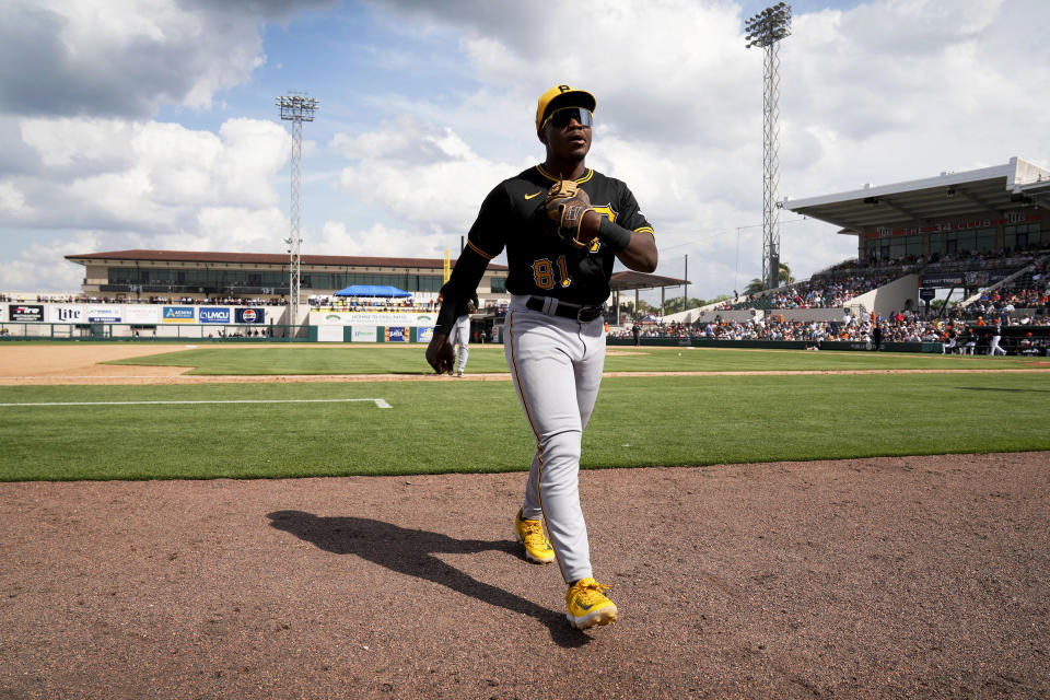 HOLD FOR STORY- Pittsburgh Pirates second baseman Termarr Johnson walks to the dugout during the sixth inning of a spring training baseball game against the Detroit Tigers Saturday, March 9, 2024, in Lakeland, Fla. (AP Photo/Charlie Neibergall)