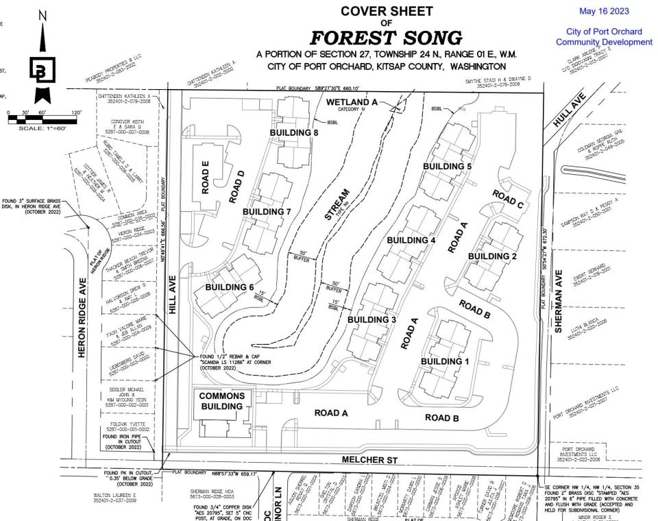 The site plan of the Forest Song project shows that there are eight residential buildings and a common building in the project.