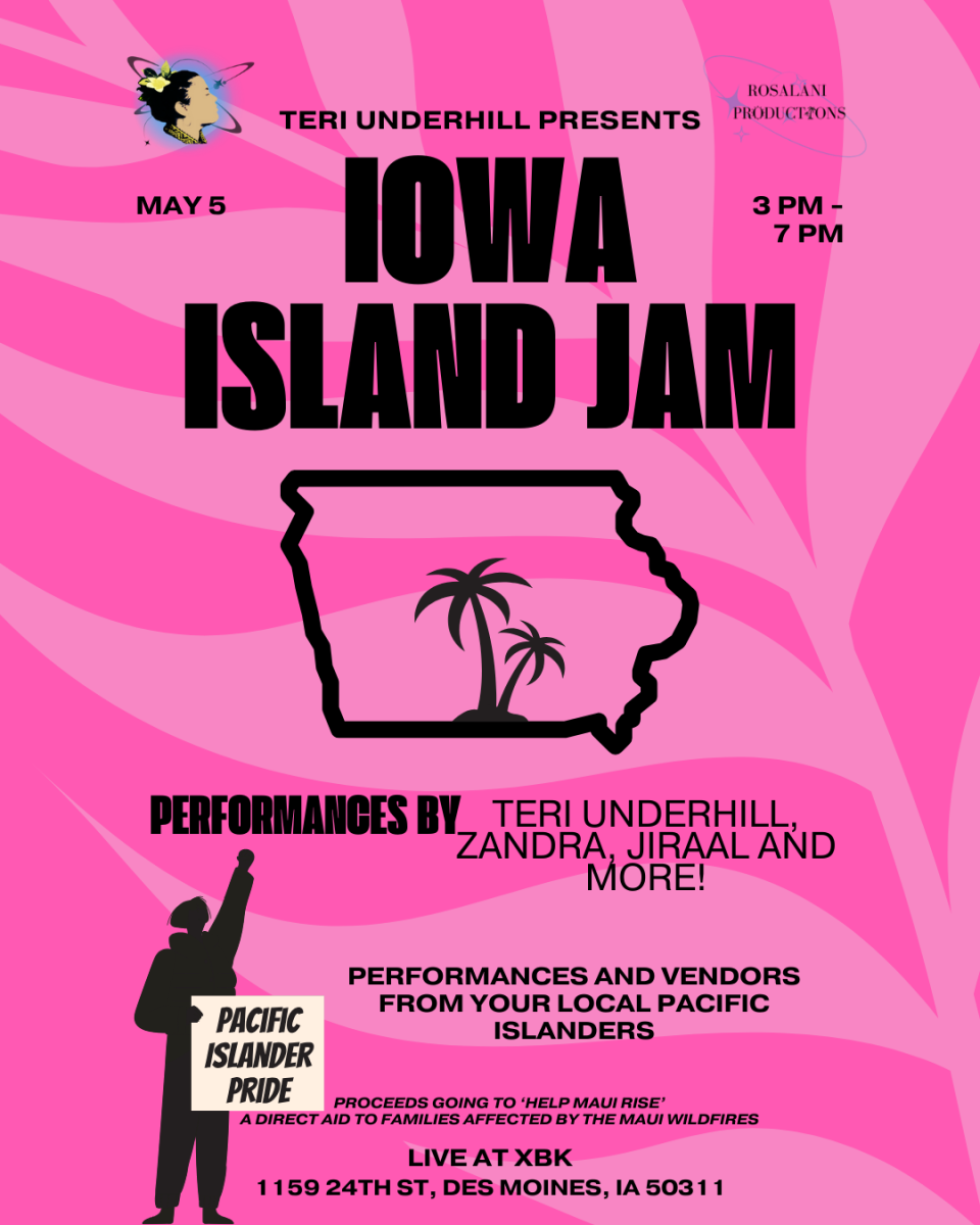 Featured is a flyer of the Iowa Island Jam event on May 5 at xBk Live, 1159 24th St. in Des Moines.