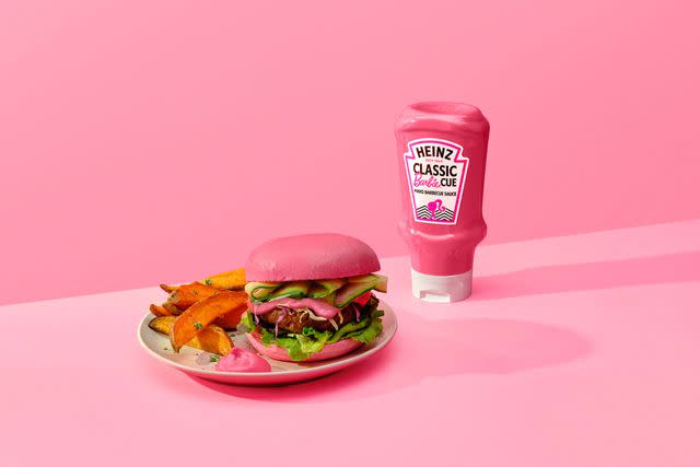 <p>Heinz</p> Heinz Classic Barbiecue Sauce, which is a mix of vegan mayonnaise and barbecue sauce, is colored with beetroot extract to give it that Barbie-forward pink hue.