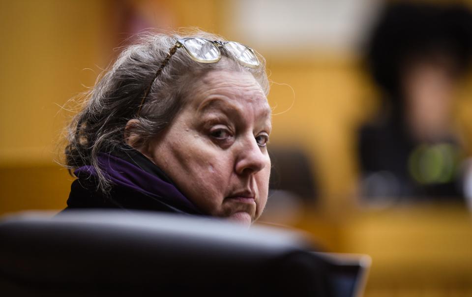 Beverly McCallum appears in Judge Janice Cunningham's courtroom in Eaton County, Friday, March 29, 2024, in Charlotte. She is charged with second-degree murder and disinterment and mutilation of a body in connection with the death of her husband, Roberto Caraballo, in 2002.