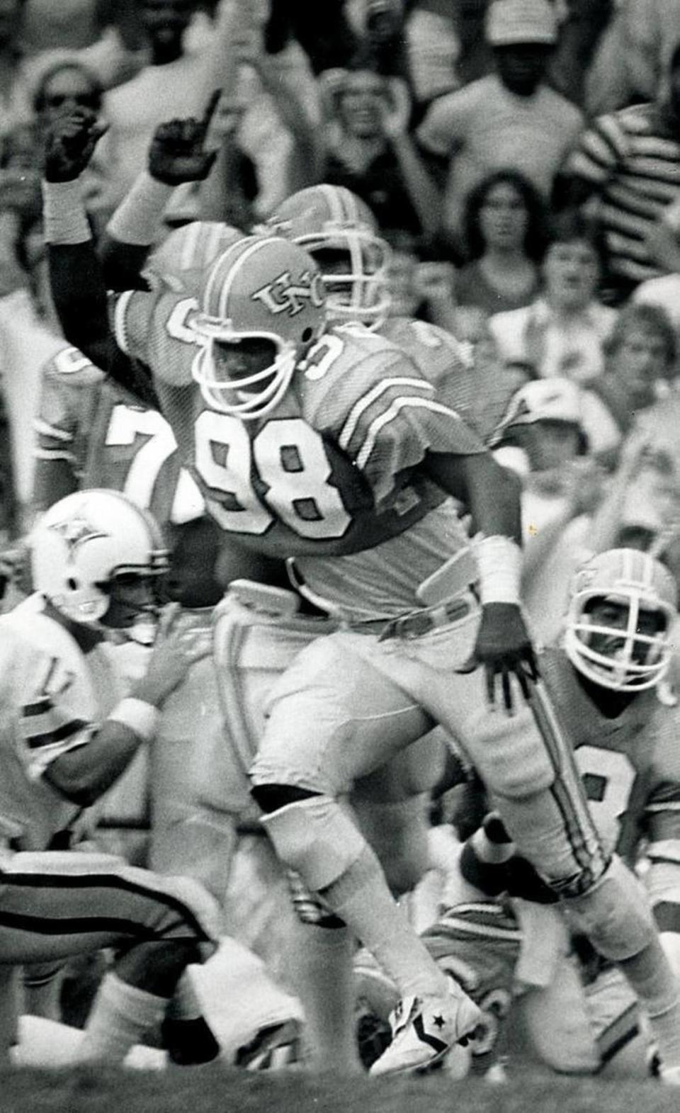 UNC’s Lawrence Taylor (98) in game action against Furman on Sept. 6, 1980 at Kenan Stadium in Chapel Hill.