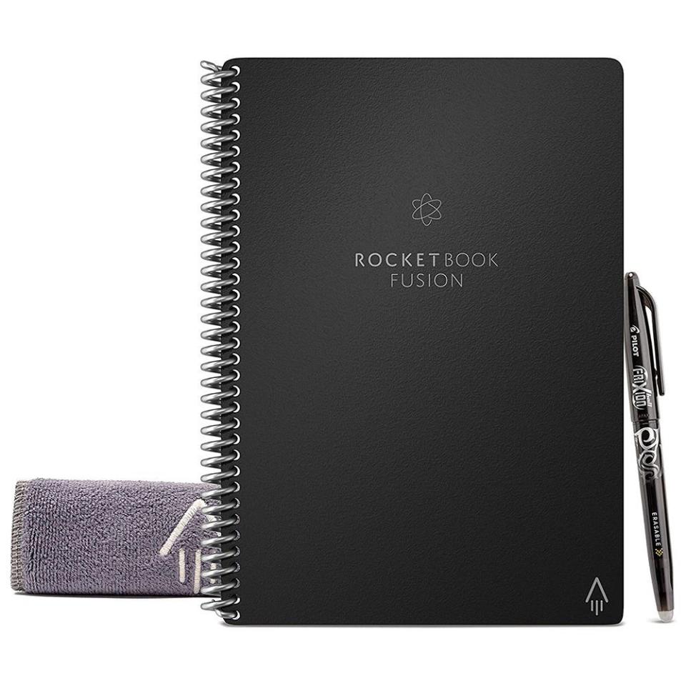 <p><strong>Rocketbook</strong></p><p>amazon.com</p><p><strong>$28.78</strong></p><p><a href="https://www.amazon.com/dp/B07RSH69HC?tag=syn-yahoo-20&ascsubtag=%5Bartid%7C10060.g.35574636%5Bsrc%7Cyahoo-us" rel="nofollow noopener" target="_blank" data-ylk="slk:Shop Now;elm:context_link;itc:0;sec:content-canvas" class="link ">Shop Now</a></p><p><strong>Key Specs</strong></p><ul><li><strong>Size:</strong> 6 x 8.8 inches</li><li><strong>Number of pages:</strong> 42</li></ul><p>The Fusion works the same way that the Rocketbook Core does, with pages that can be wiped clean, but it adds a few extra layers of productivity and organization to the mix. That comes in the form of a range of different pages throughout the notebook, including a task list, weekly planner, monthly calendar, and more. </p><p>Like the regular ruled pages, they can be wiped cleaned, and the notes you make on each can be sent to the appropriate apps. As SlashGear notes in its <a href="https://www.slashgear.com/rocketbook-fusion-review-adding-structure-to-the-hybrid-notebook-23588346/" rel="nofollow noopener" target="_blank" data-ylk="slk:review;elm:context_link;itc:0;sec:content-canvas" class="link ">review</a>, however, the glossy, erasable pages expectedly don’t have a completely natural paper feel, which may not be to everyone’s liking. SlashGear and <a href="https://www.trustedreviews.com/reviews/rocketbook-fusion" rel="nofollow noopener" target="_blank" data-ylk="slk:TrustedReviews;elm:context_link;itc:0;sec:content-canvas" class="link ">TrustedReviews</a> also wished the notebook’s plastic cover was of higher-quality, a criticism that also applies to the Rocketbook Core.</p>