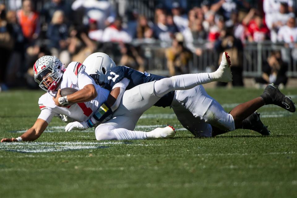 Penn State linebacker Abdul Carter (11) sacks Ohio State quarterback C.J. Stroud for an 8-yard loss in the second quarter against Ohio State at Beaver Stadium on Saturday, Oct. 29, 2022, in State College. The Nittany Lions fell to the Buckeyes, 44-31.