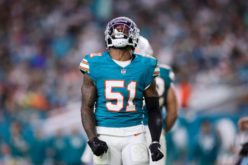 Dec 24, 2023; Miami Gardens, Florida, USA; Miami Dolphins linebacker David Long Jr. (51) reacts against the Dallas Cowboys during the third quarter at Hard Rock Stadium. Mandatory Credit: Sam Navarro-USA TODAY Sports