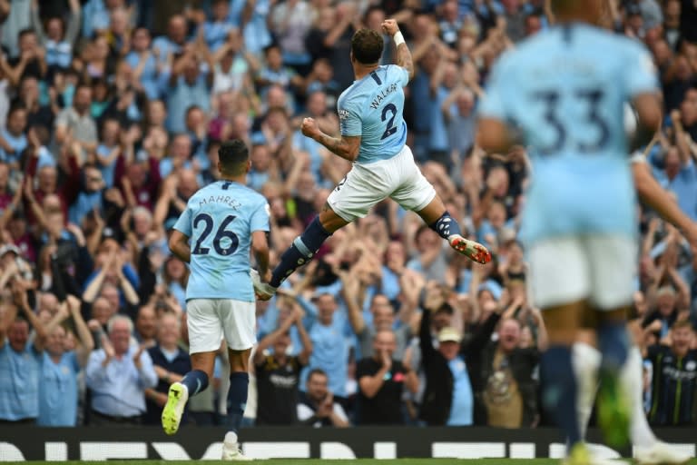 Jumping for joy: Kyle Walker score a stunning second goal for Manchester City