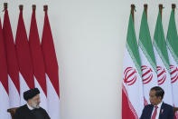 Iran's President Ebrahim Raisi, left, talks to Indonesian President Joko Widodo during their meeting at the Presidential Palace in Bogor, West Java, Indonesia, Tuesday, May 23, 2023. (AP Photo/Achmad Ibrahim)