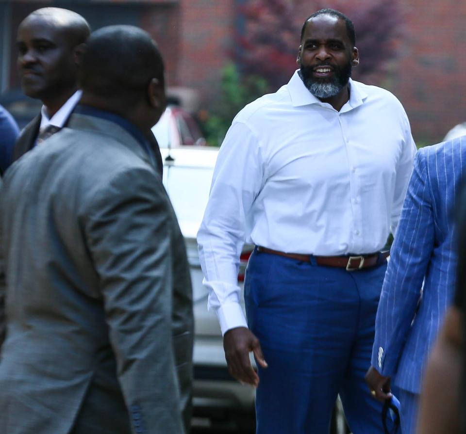 Kwame Kilpatrick, the formerly incarcerated Detroit mayor, is shown June 13,, 2021, headed into the Historic Little Rock Baptist Church in Detroit.