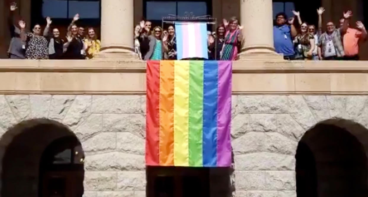 The pride flag displayed at the Arizona Capitol building was swiftly removed. (Photo credit: Twitter)