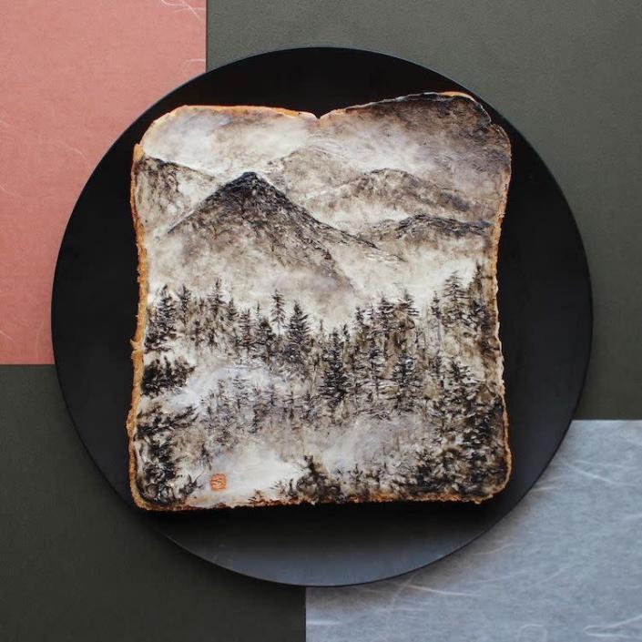 Black and white mountain toast art scene by Manami Sasaki.